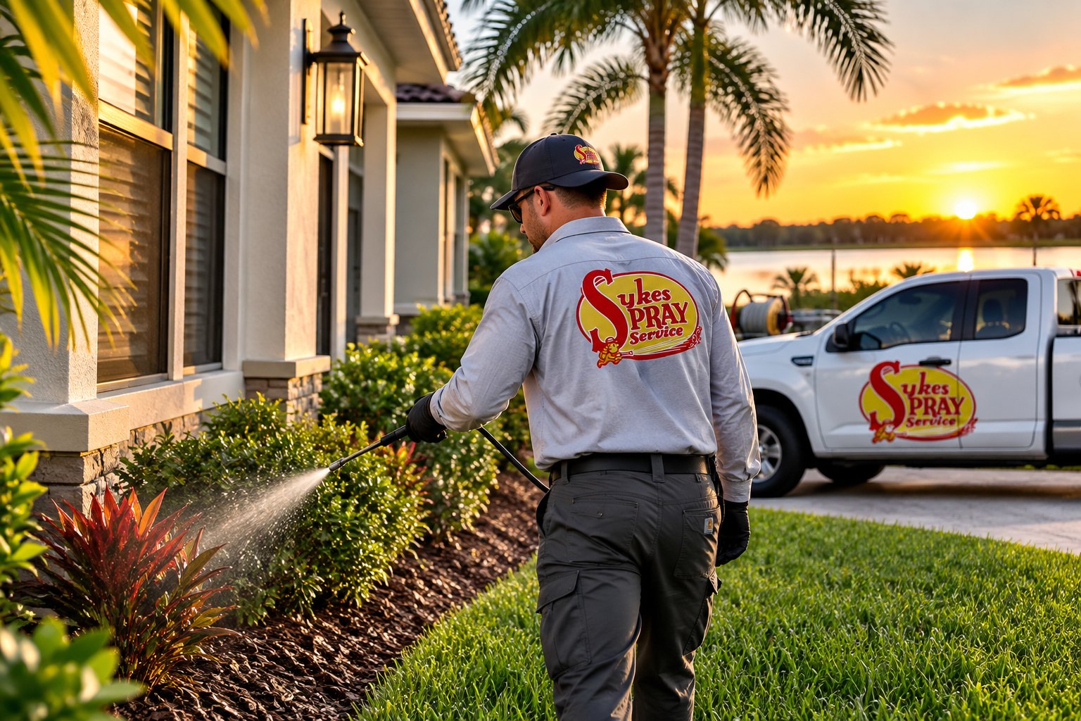 A Sykes Spray Service technician treating a Florida home at sunset, with the company truck behind