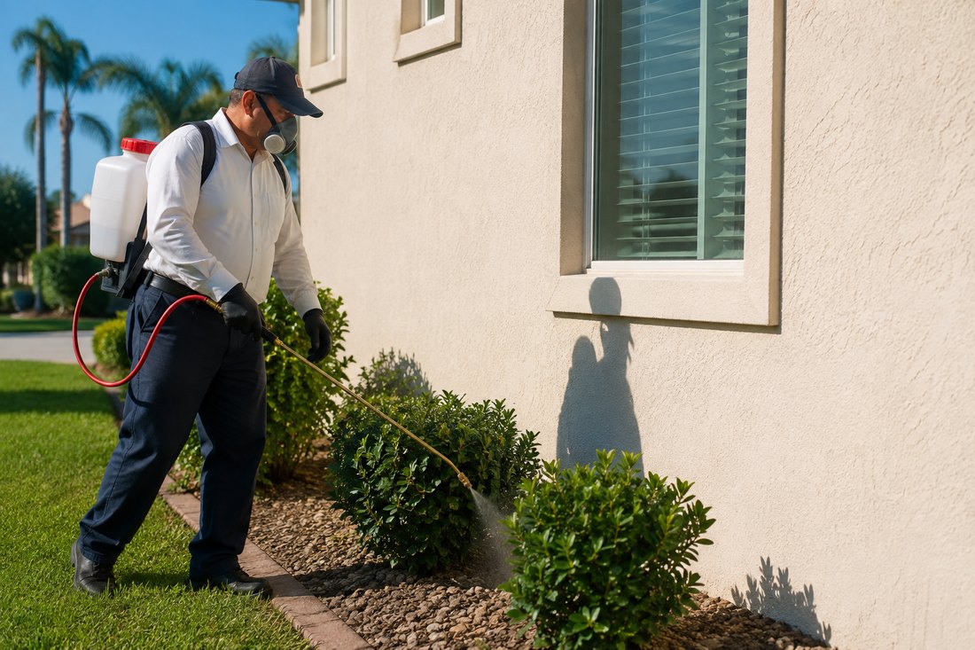 A Sykes technician in branded uniform treating a home perimeter