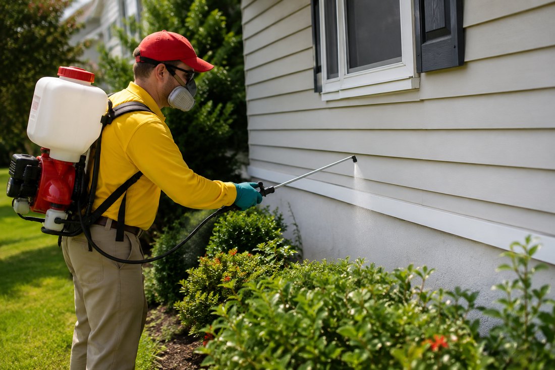 Technician treating siding and window frames