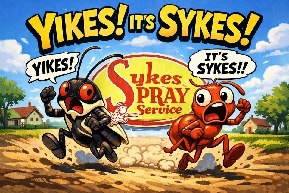 Yikes It's Sykes, the Sykes Spray Service cartoon banner